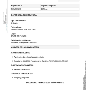 Convocatoria a Pleno sesión ordinaria, jueves 29 de octubre a las 19:30h